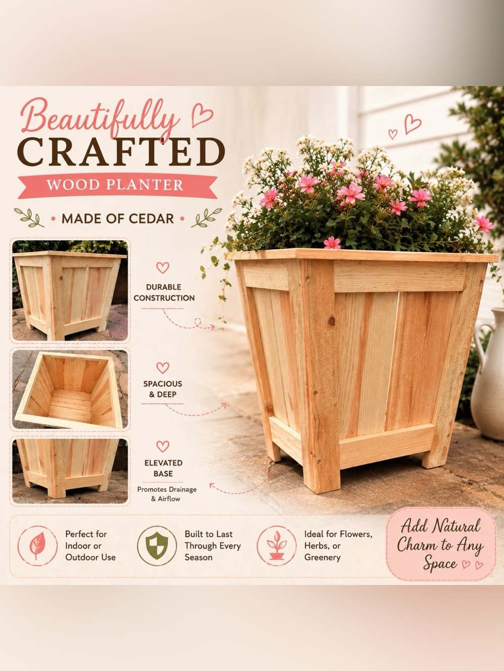 Hand crafted Rustic cedar Wooden Square Planter - Natural Wood NWT